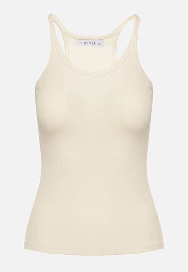 Born2be - Beżowy Top z Prążkowanego Materiału Turine. Kolor: beżowy. Materiał: prążkowany, materiał. Styl: klasyczny, sportowy