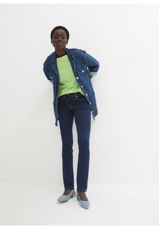 bonprix - Dżinsy o kroju slim fit, mid waist, z dużą zawartością stretchu. Kolor: niebieski
