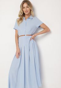 Born2be - Niebieska Wiskozowa Sukienka o Koszulowym Fasonie z Wąskim Paskiem Fillamea. Kolor: niebieski. Materiał: wiskoza. Wzór: aplikacja. Typ sukienki: koszulowe. Styl: elegancki #2