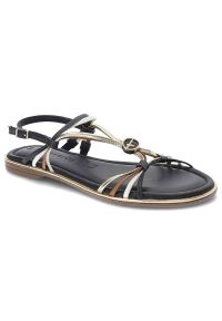 Granatowe Sandały Tamaris Eleganckie Płaskie Buty. Okazja: na co dzień, na spacer. Zapięcie: pasek. Kolor: niebieski. Materiał: skóra. Wzór: paski. Sezon: lato. Styl: elegancki