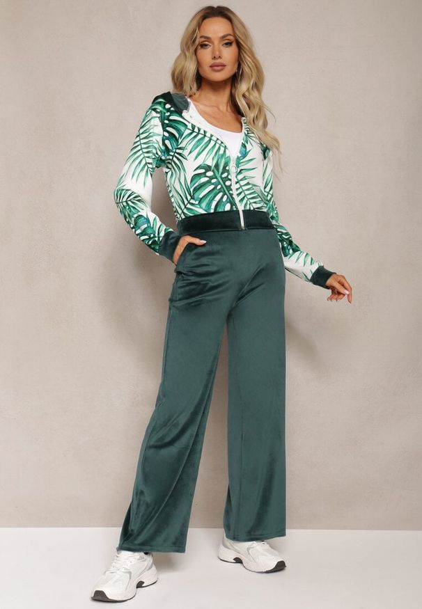 Renee - Ciemnozielony Komplet Dresowy Welurowy Bluza z Kapturem i Florystycznym Printem oraz Szerokie Luźne Spodnie Raiantise. Kolor: zielony. Materiał: welur, dresówka. Wzór: nadruk