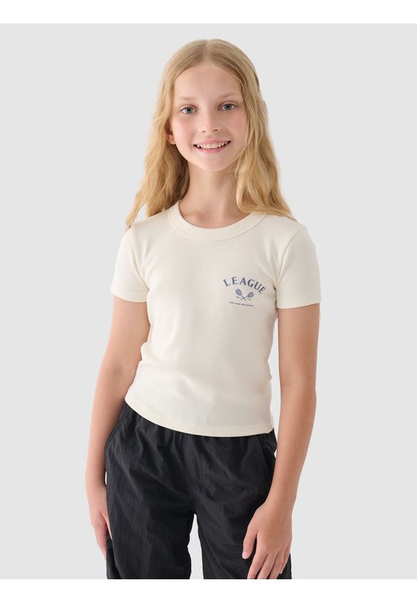 4f - 4F T-shirt cropped z nadrukiem dziewczęcy - biały 164 (13-14 lat). Okazja: na co dzień. Kolor: biały. Materiał: bawełna, dzianina, materiał. Długość rękawa: krótki rękaw. Długość: krótkie. Wzór: nadruk. Sezon: lato. Styl: sportowy, casual