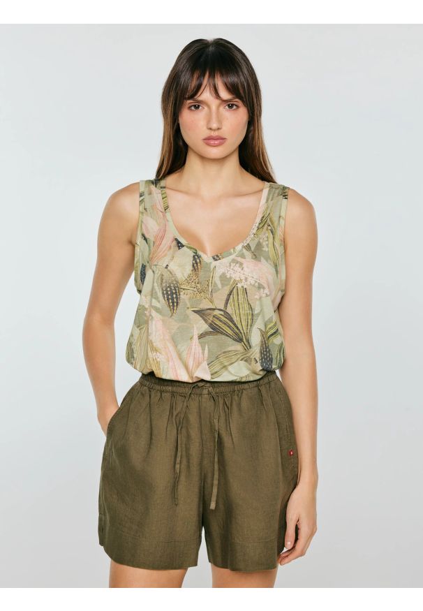 Big-Star - Top damski bez rękawów w roślinny wzór Miria 000. Typ kołnierza: dekolt w kształcie V. Kolor: wielokolorowy. Materiał: dzianina, skóra. Długość rękawa: bez rękawów. Wzór: kwiaty, aplikacja. Sezon: lato. Styl: elegancki