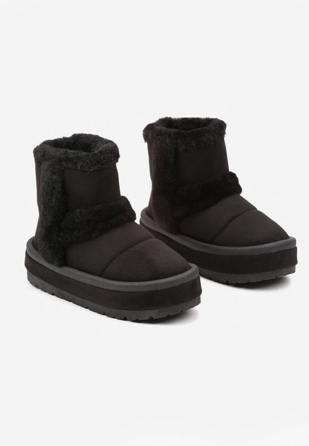 Born2be - Czarne Śniegowce z Imitacji Zamszu na Grubej Podeszwie Zdobione Futrem Maziel. Kolor: czarny. Materiał: futro, zamsz. Wzór: aplikacja. Sezon: zima. Styl: elegancki