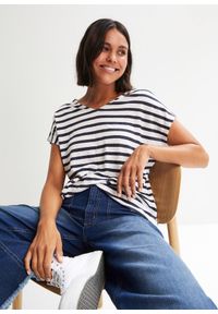 bonprix - Bluzka z czystego lnu z rękawami typu nietoperz. Typ kołnierza: dekolt w serek. Kolor: niebieski. Materiał: len. Wzór: paski. Sezon: lato #1