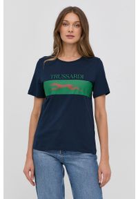 Trussardi Jeans - Trussardi t-shirt bawełniany kolor granatowy. Okazja: na co dzień. Kolor: niebieski. Materiał: bawełna. Wzór: nadruk. Styl: casual