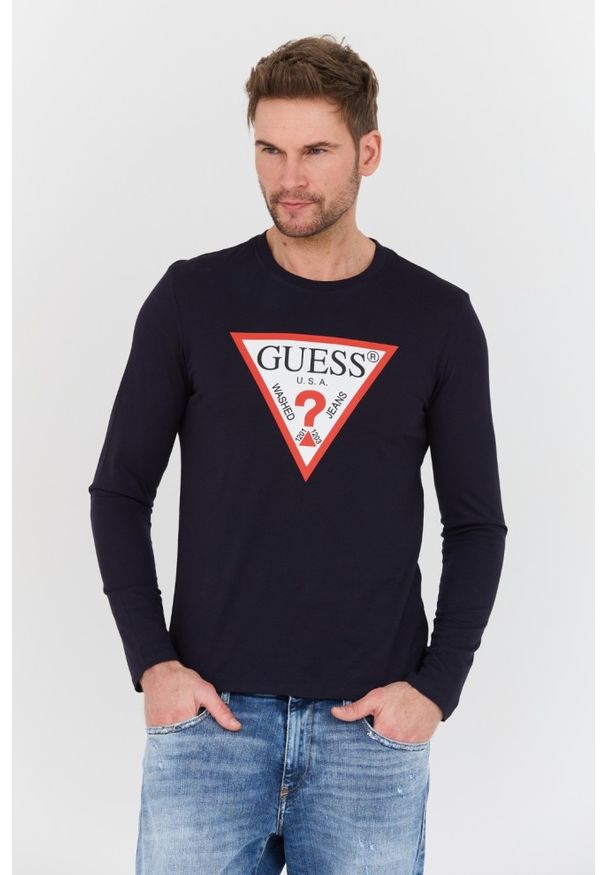Guess - GUESS Granatowy męski longsleeve Original Logo Tee, Rozmiar M. Kolor: niebieski. Długość rękawa: długi rękaw