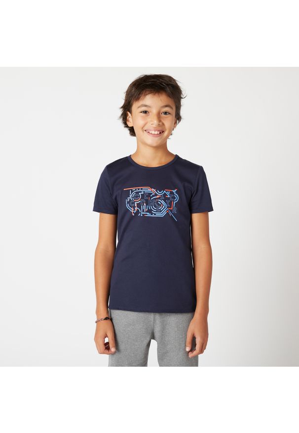 DOMYOS - Koszulka z krótkim rękawem dziecięca Domyos. Kolor: niebieski, wielokolorowy. Materiał: materiał, bawełna. Długość rękawa: krótki rękaw. Długość: krótkie