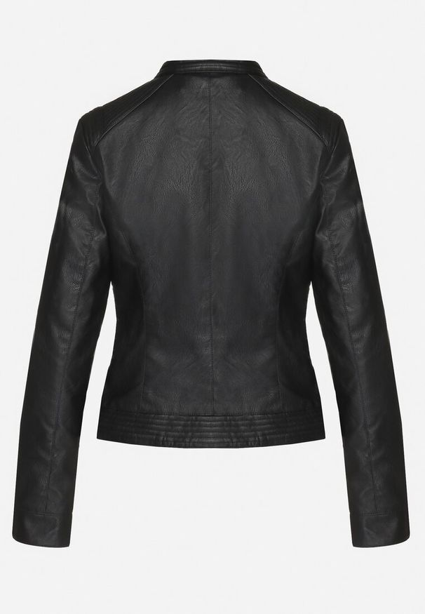 Born2be - Czarna Taliowana Kurtka Ramoneska ze Stójką w Motocyklowym Stylu Elovira. Okazja: na co dzień, na imprezę. Typ kołnierza: kołnierzyk stójkowy. Kolor: czarny. Materiał: jeans. Styl: klasyczny, casual