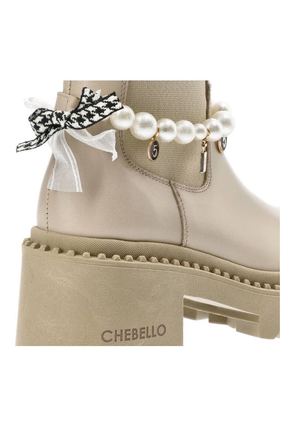 CheBello - Beżowe Botki Chebello Eleganckie Buty Damskie. Kolor: beżowy. Materiał: skóra, materiał. Styl: elegancki