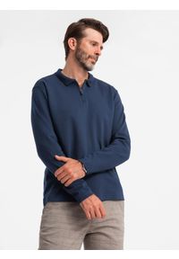 Ombre Clothing - Longsleeve polo męski z zapinanym na zamek kołnierzykiem – granatowy V7 OM-POLS-0130 - XXL. Typ kołnierza: polo. Kolor: niebieski. Materiał: bawełna, skóra, dzianina, materiał. Długość rękawa: długi rękaw. Wzór: aplikacja. Styl: sportowy, elegancki #3