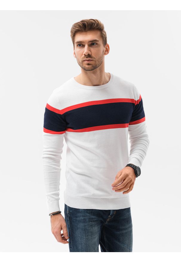 Ombre Clothing - Sweter męski E190 - biały - XXL. Kolor: biały. Materiał: jeans, bawełna. Styl: klasyczny