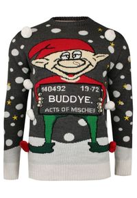 Sweter z Elfem Śmieszny, Szaro-Biały Świąteczny, Pompony, Męski, w Śnieżki -Brave Soul. Kolor: biały, szary, wielokolorowy. Materiał: akryl. Styl: wizytowy #1
