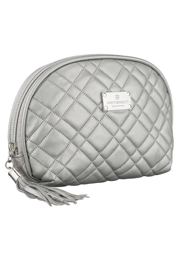 Srebrna kosmetyczka z materiału syntetycznego zamykana suwakiem Peterson PTN KOS-DA-9. Kolor: srebrny. Materiał: syntetyk, materiał