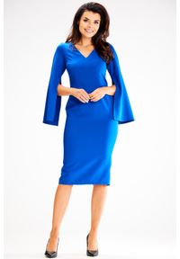 Awama - Dopasowana Sukienka z Ozdobnym Rękawem - Niebieska. Kolor: niebieski. Materiał: poliester, elastan #1