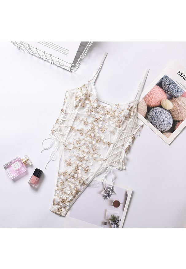 Intica - Body z haftem transparentne eleganckie Marice. Kolor: biały. Materiał: materiał. Wzór: haft