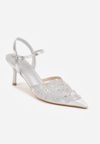 Born2be - Srebrne Czółenka na Szpilce VICES z Siateczkową Cholewką z Brokatem i Cyrkoniami Venbanise. Okazja: na komunię, na wesele, na ślub cywilny. Zapięcie: sprzączka. Kolor: srebrny. Materiał: tiul. Szerokość cholewki: normalna. Wzór: aplikacja. Obcas: na szpilce. Styl: klasyczny, elegancki #6