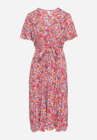 Born2be - Czerwona Rozkloszowana Sukienka w Kwiaty z Kopertowym Dekoltem Plisowana Lanasira. Kolor: czerwony. Wzór: kwiaty. Typ sukienki: kopertowe #3