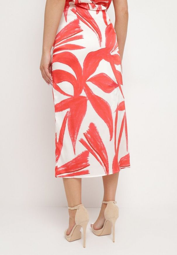 Born2be - Biało-Czerwona Spódnica Midi Kopertowa w Abstrakcyjny Wzór Vaccinium. Okazja: na co dzień. Kolor: biały. Materiał: tkanina. Sezon: lato. Styl: elegancki, casual