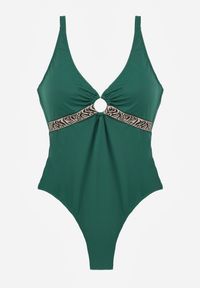 Born2be - Zielony Jednoczęściowy Strój Kąpielowy z Ozdobnym Wycięciem Klamrą i Marszczeniem Vilinaya. Kolor: zielony. Materiał: len #4