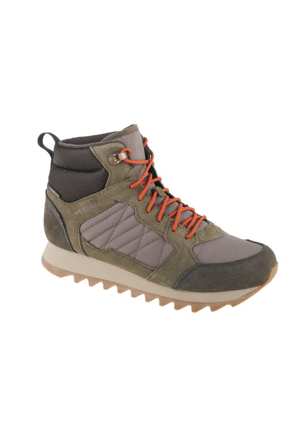 Buty trekkingowe męskie Merrell Alpine Mid Plr WP 2. Wysokość cholewki: za kostkę. Zapięcie: sznurówki. Kolor: zielony. Materiał: guma, skóra, tkanina, zamsz, materiał, syntetyk. Szerokość cholewki: normalna