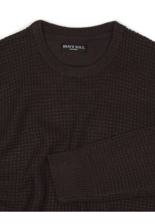 Brave Soul - Sweter Brązowy, Czekoladowy w Gruby Dziergany Splot, U-neck, Męski -BRAVE SOUL. Kolor: beżowy, brązowy, wielokolorowy. Materiał: akryl. Wzór: ze splotem. Sezon: jesień, zima. Styl: klasyczny, elegancki