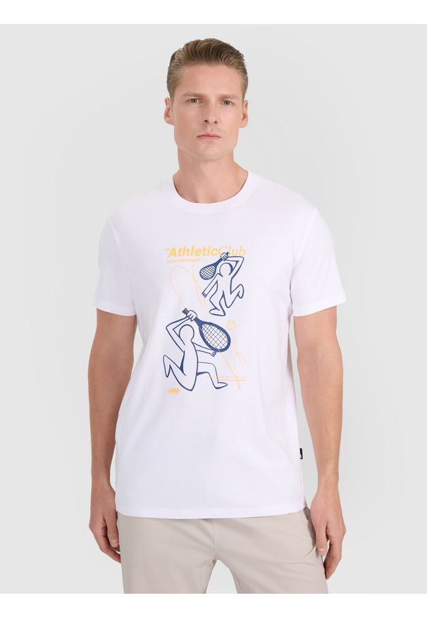 4f - 4F T-shirt regular z nadrukiem męski - biały S. Okazja: na co dzień. Kolor: biały. Materiał: jersey, materiał, bawełna. Długość rękawa: krótki rękaw. Długość: krótkie. Wzór: nadruk. Styl: sportowy, klasyczny, casual
