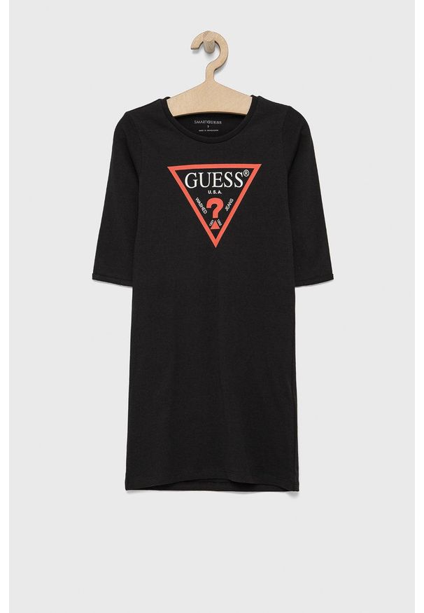 Guess Sukienka bawełniana dziecięca kolor czarny mini prosta. Okazja: na co dzień. Kolor: czarny. Materiał: bawełna. Wzór: nadruk. Typ sukienki: proste. Styl: casual. Długość: mini