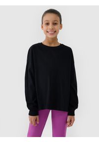 4f - 4F Longsleeve oversize gładki dziewczęcy - czarny 164 (13-14 lat). Okazja: na co dzień. Kolor: czarny. Materiał: dzianina, bawełna, jersey. Długość rękawa: długi rękaw. Długość: długie. Wzór: gładki. Sezon: lato. Styl: klasyczny, sportowy, casual