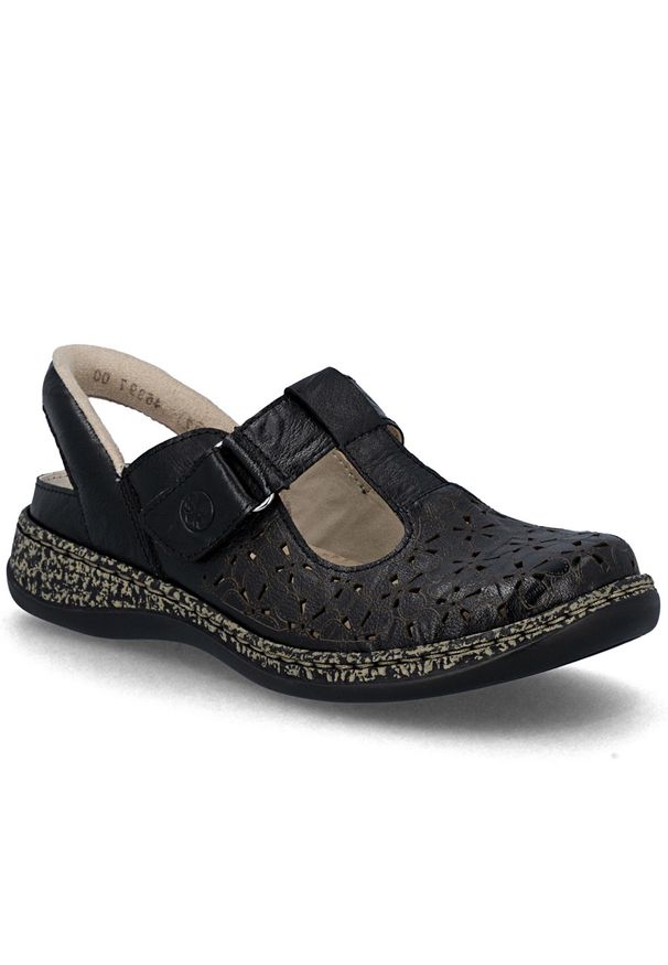 Skórzane sandały damskie ażurowe komfortowe szerokie czarne Rieker 46397-00. Kolor: czarny. Materiał: skóra. Wzór: ażurowy