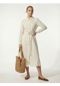 Sinsay - Wiskozowa koszulowa sukienka midi z domieszką lnu - kremowy. Kolor: kremowy. Materiał: wiskoza, len. Typ sukienki: koszulowe. Długość: midi #1
