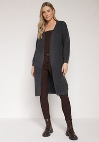 Born2be - Ciemnoszary Długi Kardigan Bez Zapięć z Dzianiny z Wełną Mevesia. Okazja: na co dzień. Kolor: szary. Materiał: dzianina, wełna. Długość: długie. Styl: klasyczny, casual, elegancki #3