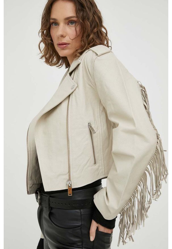 2NDDAY ramoneska skórzana damska kolor beżowy przejściowa. Kolor: beżowy. Materiał: skóra. Wzór: gładki