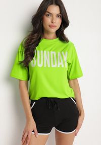 Born2be - Zielono-Czarny Komplet T-shirt z Nadrukiem i Szorty z Lamówką Aravonne. Kolor: zielony. Materiał: materiał. Wzór: nadruk #3