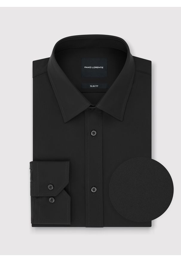 Pako Lorente - PAKO LORENTE – Czarna koszula męska. Typ kołnierza: kołnierzyk klasyczny. Kolor: czarny. Materiał: elastan, nylon. Długość rękawa: długi rękaw. Długość: długie. Styl: klasyczny