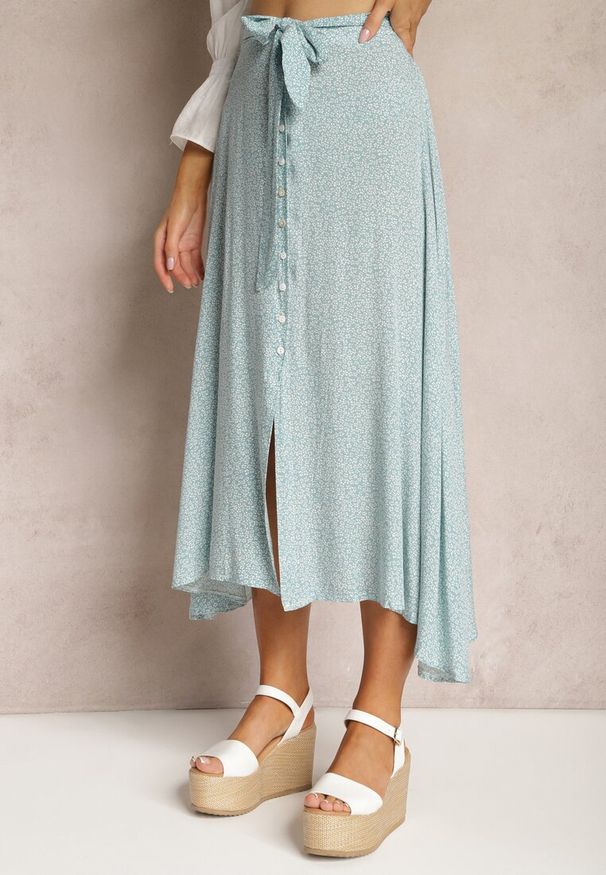 Renee - Miętowa Spódnica Salaphanise. Kolor: miętowy. Wzór: kwiaty