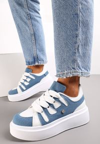 Renee - Biało-Niebieskie Sneakersy na Platformie z Szerokim Sznurowaniem Aklilu. Nosek buta: okrągły. Zapięcie: sznurówki. Kolor: niebieski. Materiał: materiał. Sezon: wiosna, lato, jesień. Obcas: na platformie. Wysokość obcasa: niski #3
