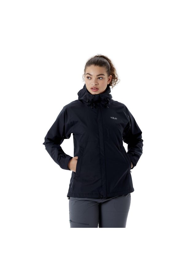 Kurtka przeciwdeszczowa damska Rab Downpour Eco Jacket z kapturem. Typ kołnierza: kaptur. Kolor: czarny. Sport: turystyka piesza