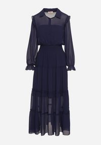 Born2be - Granatowa Rozkloszowana Sukienka VICES Koszulowa w Stylu Retro Aravite. Okazja: na co dzień. Typ kołnierza: dekolt w kształcie V, kołnierz z falbankami, kołnierzyk klasyczny. Kolor: niebieski. Długość rękawa: długi rękaw. Typ sukienki: koszulowe. Styl: retro #2