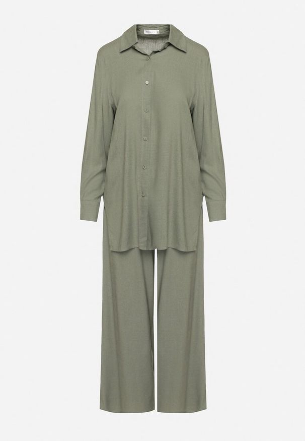 Born2be - Zielony Komplet z Wiskozy Koszula na Guziki Szerokie Spodnie z Gumką w Pasie Tinasiam. Kolor: zielony. Materiał: wiskoza