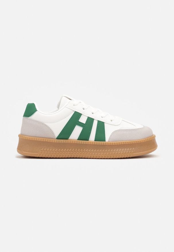 Renee - Biało-Zielone Sneakersy na Platformie z Kontrastowymi Wstawkami Mialeria. Nosek buta: okrągły. Zapięcie: sznurówki. Kolor: biały. Materiał: syntetyk, nubuk. Obcas: na platformie. Wysokość obcasa: niski