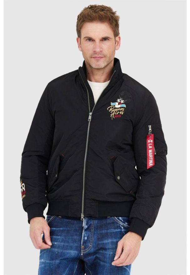 La Martina - LA MARTINA Czarna męska kurtka bomberka, Rozmiar XL. Typ kołnierza: polo. Kolor: czarny. Materiał: nylon