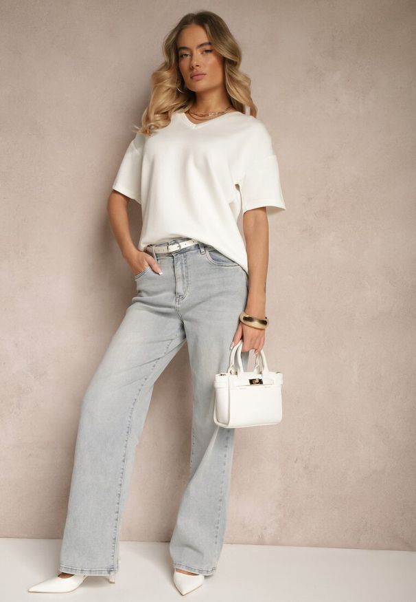 Renee - Biały T-shirt z Dekoltem w Serek Fonellea. Okazja: na co dzień. Typ kołnierza: dekolt w serek. Kolor: biały. Materiał: jeans. Styl: casual