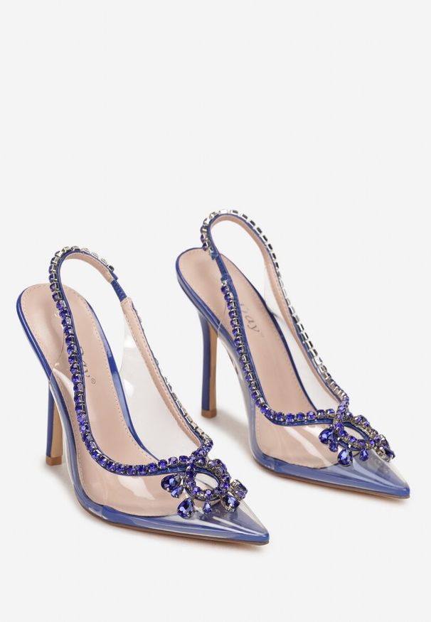 Renee - Niebieskie Sandały Transparentne z Cyrkoniami Vophi. Nosek buta: szpiczasty. Kolor: niebieski. Styl: glamour, elegancki