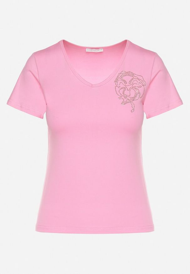 Born2be - Różowy T-shirt z Bawełny z Cyrkoniowym Wzorem Uliavira. Okazja: na co dzień. Typ kołnierza: dekolt w kształcie V. Kolor: różowy. Materiał: bawełna. Wzór: aplikacja. Styl: elegancki, casual
