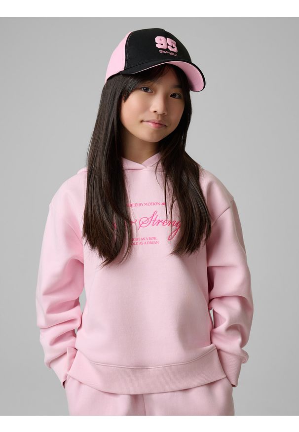 4f - 4F Bluza dresowa loose z kapturem dziewczęca - różowa 158/164 (12-14 lat). Okazja: na spacer, na uczelnię. Typ kołnierza: kaptur. Kolor: różowy. Materiał: dresówka. Wzór: haft. Sezon: lato