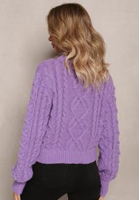 Renee - Fioletowy Sweter z Ozdobnym Sznurowaniem na Dole i Ściągaczami Miritu. Kolor: fioletowy. Materiał: wiskoza. Wzór: ze splotem