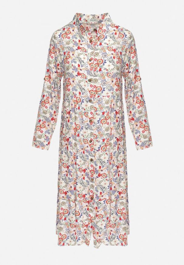 Born2be - Biało-Różowa Kwiatowa Sukienka Midi o Rozkloszowanym Fasonie Glevia. Okazja: na co dzień. Kolor: biały. Wzór: kwiaty. Typ sukienki: koszulowe. Styl: casual. Długość: midi