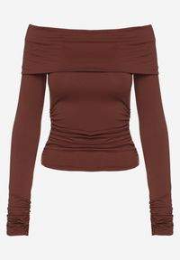 Renee - Brązowa Marszczona Bluzka Hiszpanka Vices z Wywiniętym Dekoltem Termola. Okazja: na co dzień. Typ kołnierza: dekolt hiszpanka. Kolor: brązowy. Materiał: jeans. Styl: casual #6