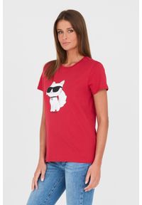 Karl Lagerfeld - KARL LAGERFELD Czerwony t-shirt z kotem. Kolor: czerwony #7